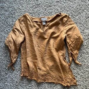Women's Caramel Tie-Sleeve Embroidered V-Neck Blouse